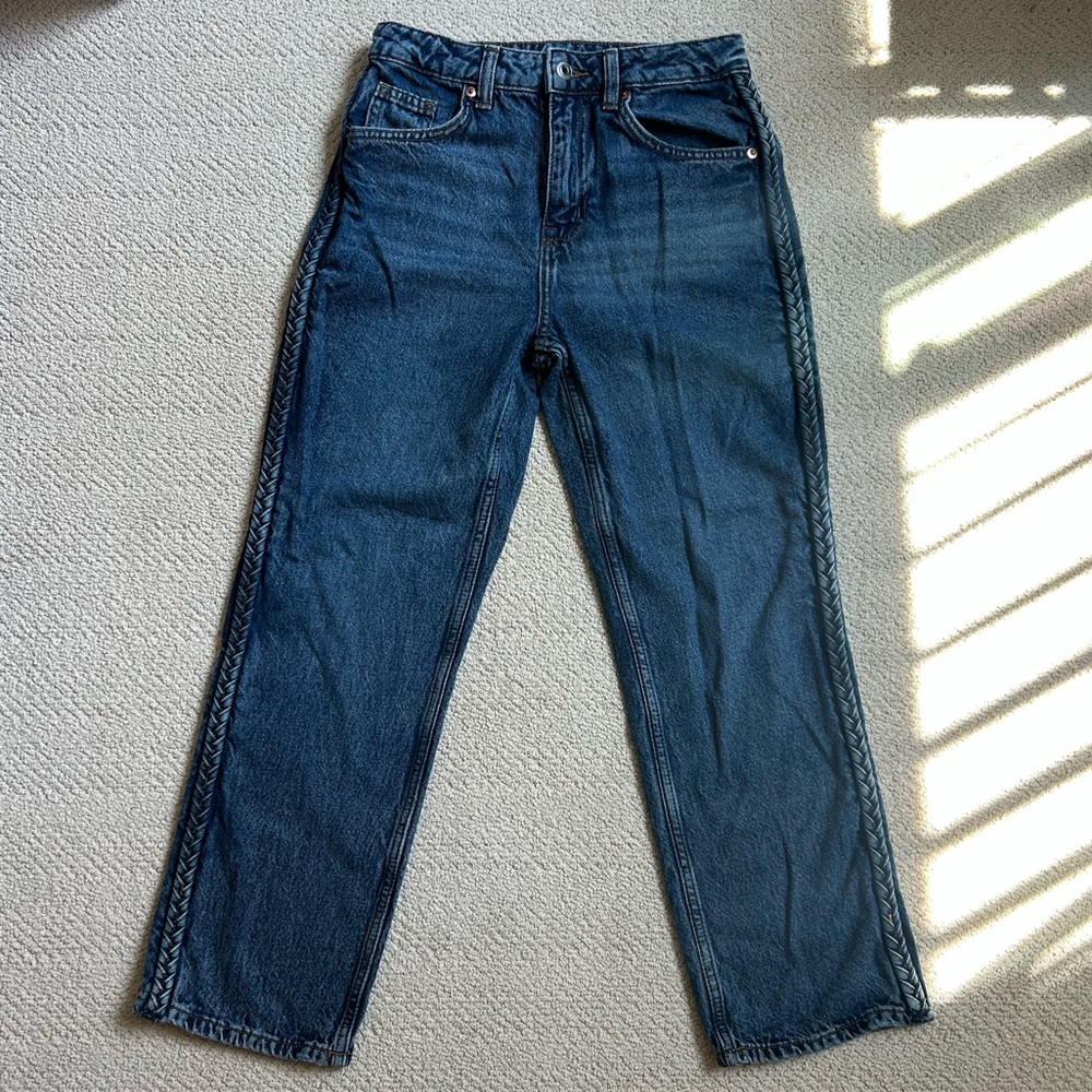 high waisted straight leg jeans with braided detailing